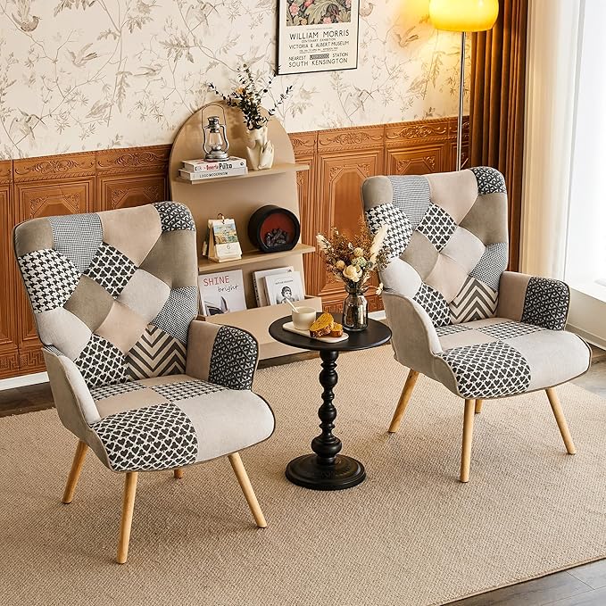 Accent Chair, Living Room Chair, Modern High Back Armchair, Colorful Patchwork Reading Chairs for Bedroom, Lounge Chair with Linen Fabric Shell and Solid Wood Feets (2, Gray)