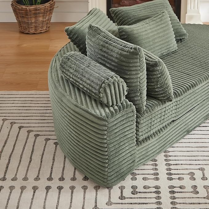 Antetek Chaise Lounge Chair Indoor, Convertible Folding Futon Sofa Bed w/ 5 Pillows, Fluffy Corduroy Boneless Compressed Memory Foam Couch for Living Room, Bedroom (Green, Right Half)