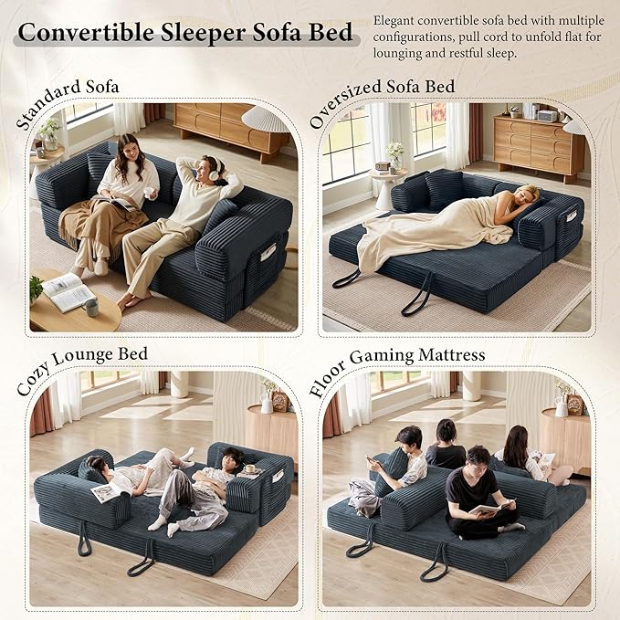 Chorlenimi Boneless Couch Futon Sofa Bed Sectional Couches for Living Room,Cloud Couch with Sleeper Sofa,Sofas for Living Room Oversized Corduroy Upholstered (Gray, 81 Inches (with Iron Frame))