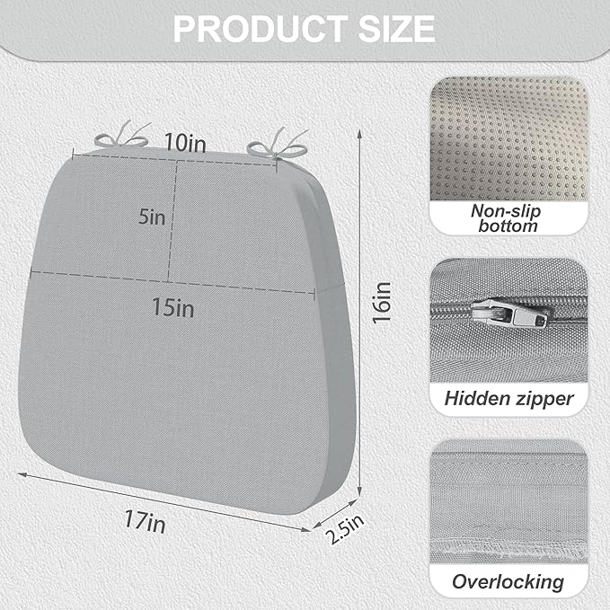 17'' x 16'' x 2.5"Thick Chair Cushions for Dining Chairs, 4 Pack WaterProof Easy Clean Kitchen Chair Pads with Ties and Non-Slip Backing - 30D High Elastic Foam Soft Kitchen Chair Cushions