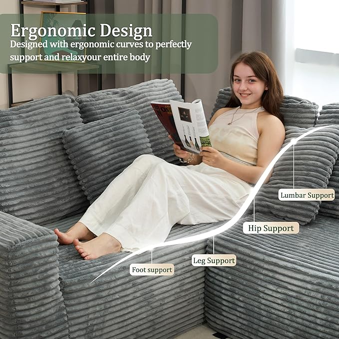 135.5" Cloud Sectional Couch,Boneless Corduroy Sofa for Living Room,Oversized U Shaped Sofa with Chaise,Deep Seat,No Assembly Required,Modular Sectional Sofa（Grey）