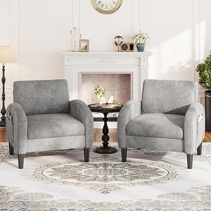 Accent Chair Set of 2,Comfy,Mid-Century,2 Side Pockets,Armchair,Upholstered Bedroom Chair for Apartment,Waiting Room,Grey