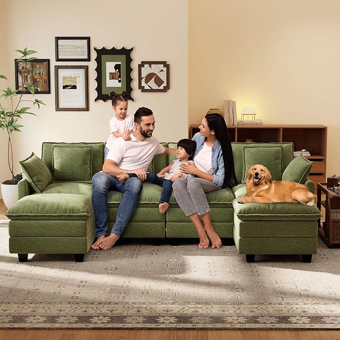 Ihanherry 106" U-Shaped Modern Sofa Modular Sectional Cloud Couch 6-Seat Chenille Seat Sofa with Ottoman for Living Room, Bedroom and Apartment, Green