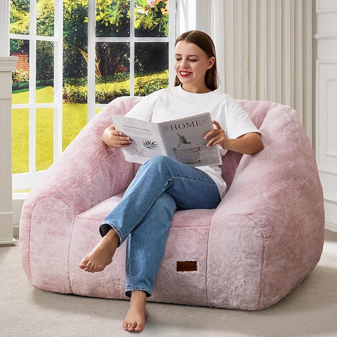 Hobestluk Bean Bag Chairs for Adults Giant Bean Bag Chair with Memory Foam Filling, Adult Beanbag for Bedroom, Living Room (Pink Two-Tone)