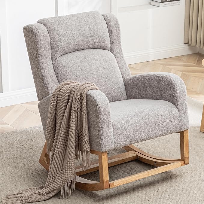 HCHAIRH Rocking Chair Nursery, Nursing Rocking Chairs for Mom Nursery, Comfy Wingback Glider Rocking Armchair with Foot Rest and Side Pocket for Nursery Living Room Bedroom, Teddy Grey