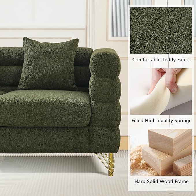 mikibama Modern Teddy Sectional Sofa, 81 Inch Oversized Sofa Couch, Luxury 3 Seater Deep Couch with 3 Pillows and Gold Metal Legs for Living Room, Bedroom, Apartment (Green)