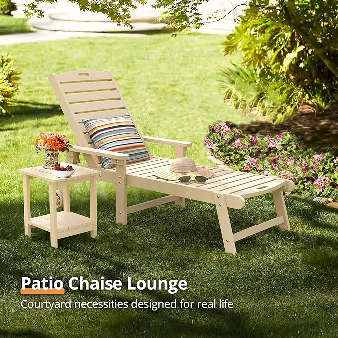 LUE BONA Outdoor Chaise Lounge Chairs Set of 2, HDPS Chaise Lounger, 5 Positions Adjustable Lounge Chairs, Pool Lounge Chair with Wheels for Poolside, Sand