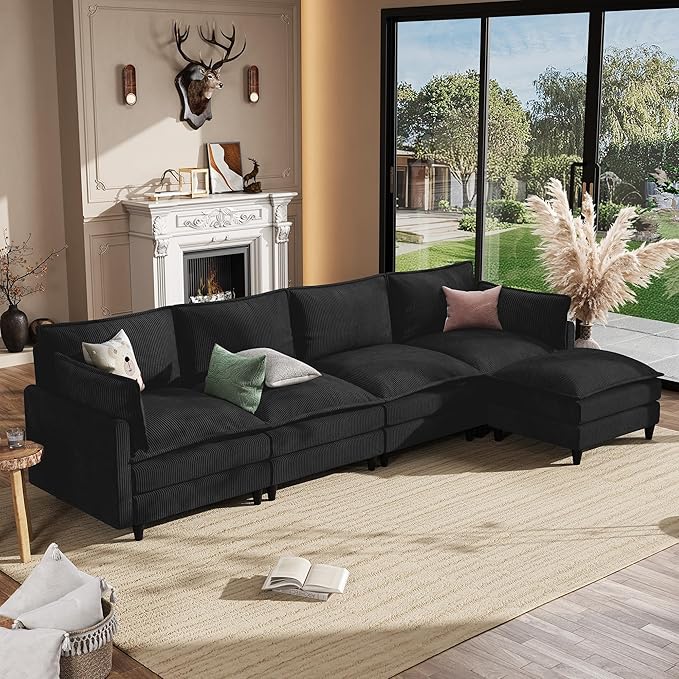 Apicizon 143" Cloud Sofa Sectional, L Shaped Cloud Couch with Side Storage Pocket, Modern Corduroy Sofa Set for Living Room, Office, Black
