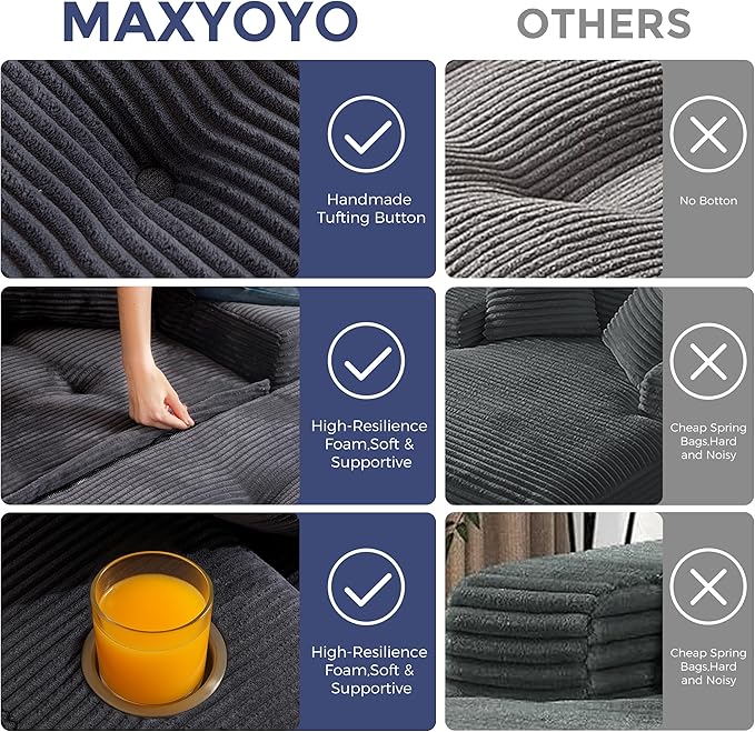 MAXYOYO Oversized Chaise Lounge Sofa, Upholstered Lounge Chair with Tufted Craft, Boneless Sofa Couch with Ottoman, Deep Seat Sleeper Chair, No Assembly, Grey