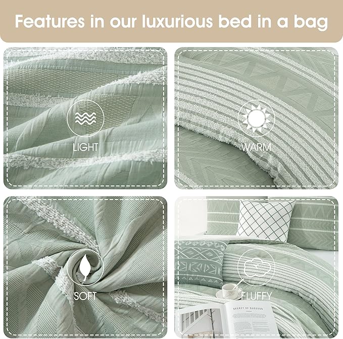 Grand Avenue Cotton Queen Size Comforter Set, 6 Piece, Sage Geometric Jacquard Bedding Set, Bedskirt, Pillows & Shams, Home Decor