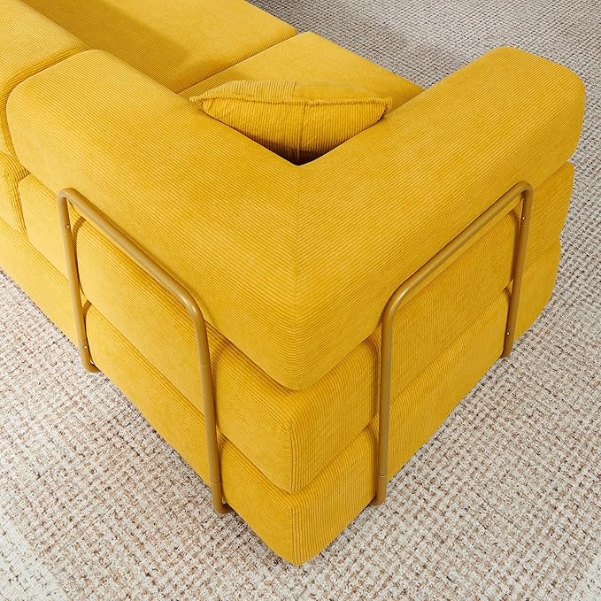 108" Convertible Sleeper Sofa Bed, Corduroy Folding Sofa Bed with Fixed-Shape Frame, Fold Out Floor Mattress Couch, Lazy Compression Sofas for Living Room, Bedroom, No Assembly Required,Yellow