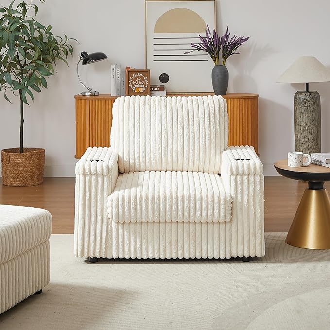 Eafurn 42.5" Oversized Accent Chair with Storage Ottoman Convertible Chaise Lounge, Corduroy Cloud Sofa Chair w/Cupholders, Modern Extra Wide Armchair