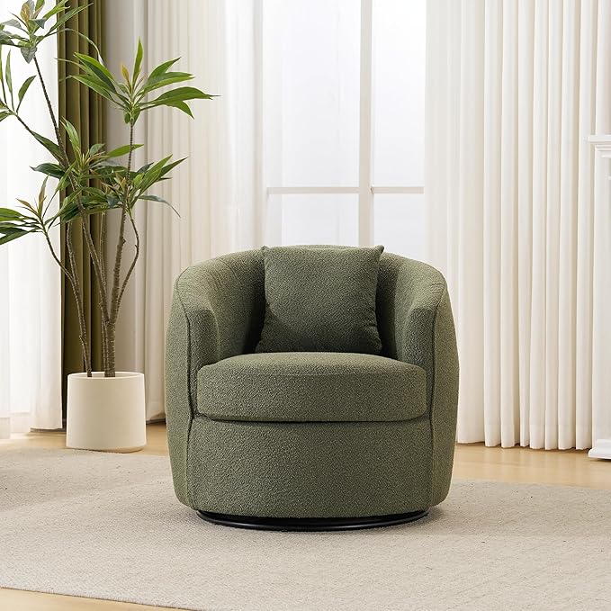 FaFaSoGoodFa Swivel Accent Chair, Modern Upholstered Boucle Barrel Arm Chairs with Pillow for Living Room, 360 Degree Round Swivel Sherpa Armchair with Round Base for Bedroom Club (1, Green)