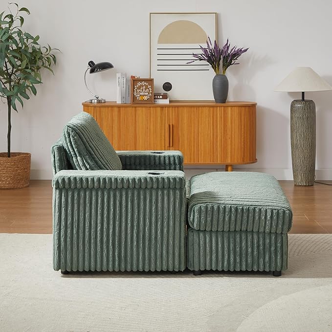 Eafurn 42.5" Oversized Accent Chair with Storage Ottoman Convertible Chaise Lounge, Corduroy Cloud Sofa Chair w/Cupholders, Modern Extra Wide Armchair