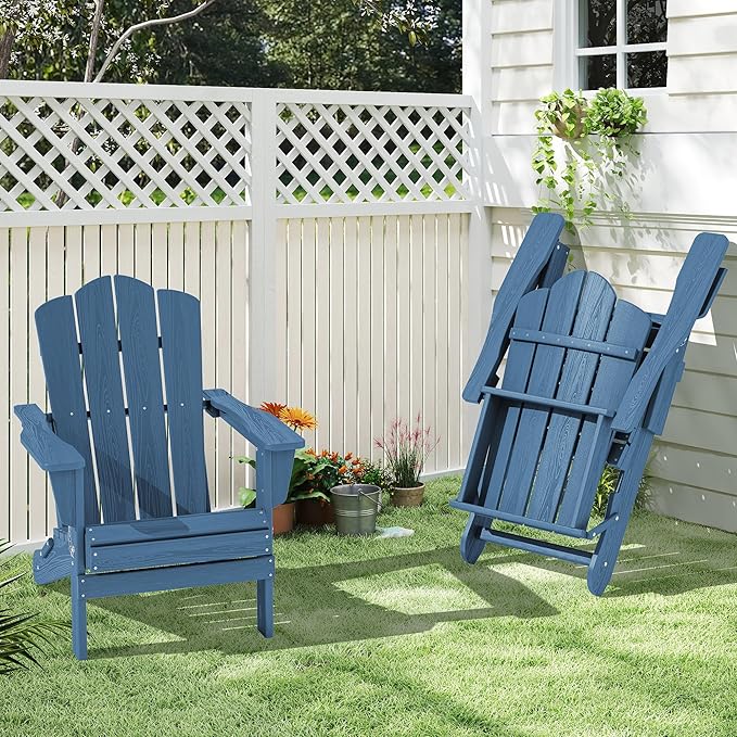 KINGYES Folding Adirondack Chair Set of 2, HDPE All-Weather Adirondack Chair, Navy