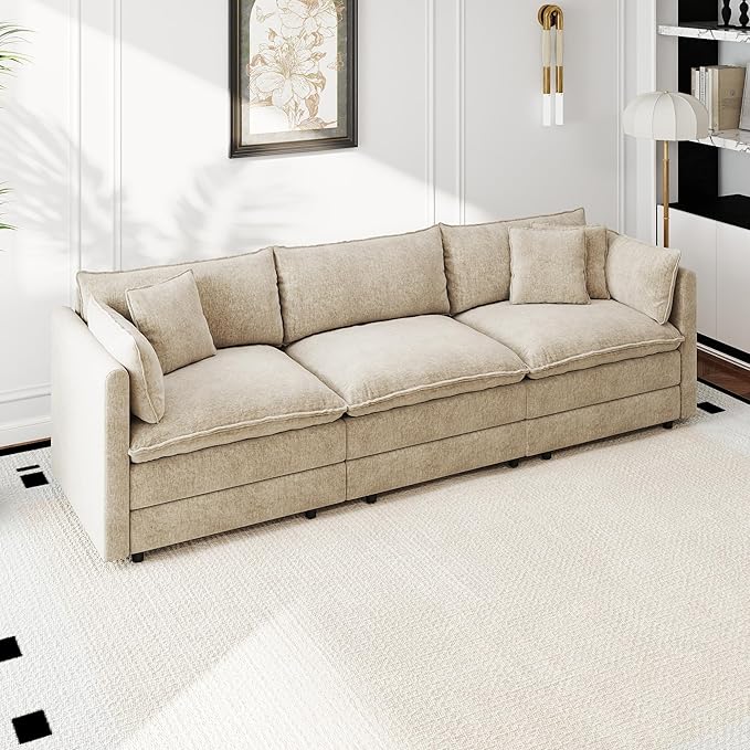 Aoowow Modular Sectional Sofa,112.2 Inch Modern Deep 3-Seater Sofas Comfy Chenille Cloud Sofas and Couches with Pillows for Living Room Apartment（Camel）
