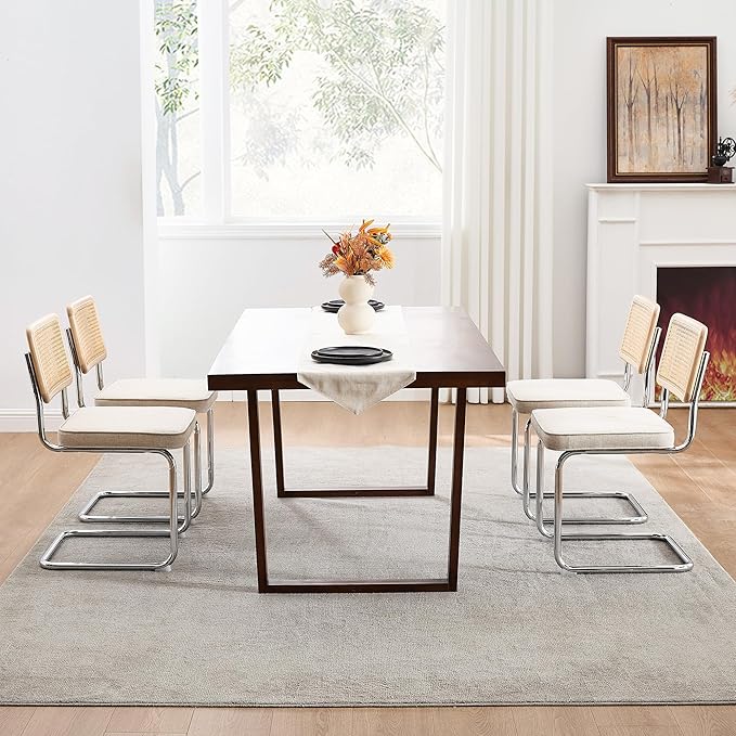 Zesthouse Natural Rattan Dining Chairs Set of 6, Mid Century Cane Dining Room Chairs with Solid Wood Back & Chrome Base for Kitchen, Breuer Design Inspired, Upholstered Linen Fabric, Beige