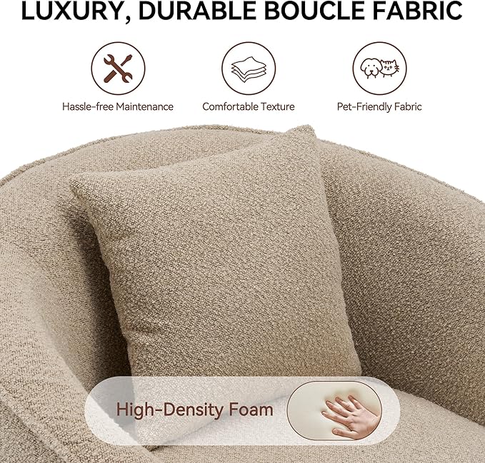 FaFaSoGoodFa Swivel Accent Chair, Modern Upholstered Boucle Barrel Arm Chairs with Pillow for Living Room, 360 Degree Round Swivel Sherpa Armchair with Round Base for Bedroom Club (1, Light Brown)