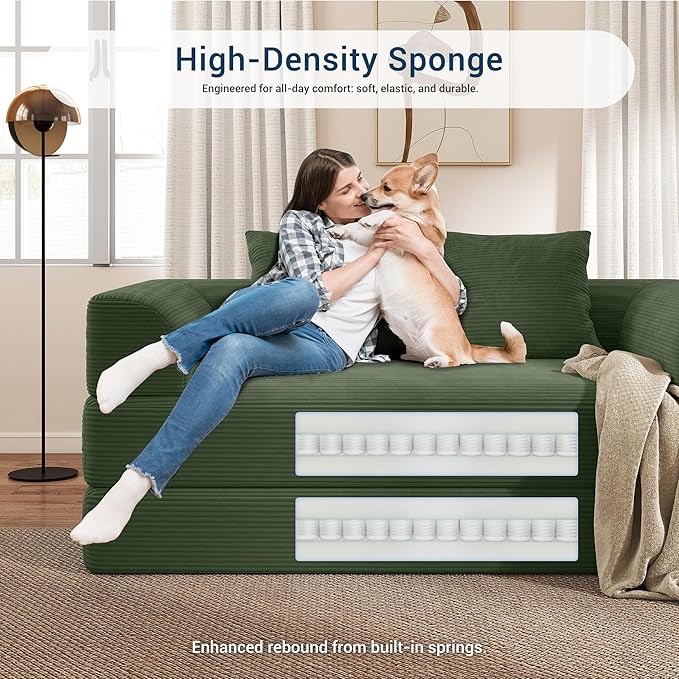 Cloud Boneless Convertible Floor Sofa Bed, 70" 4-in-1 Foldable Compressed Loveseat Lounge Sleeper 2 Seater Couches, High-Density Sponge & Corduroy Fabric Futon Daybed for Living Room Bedroom(Green)