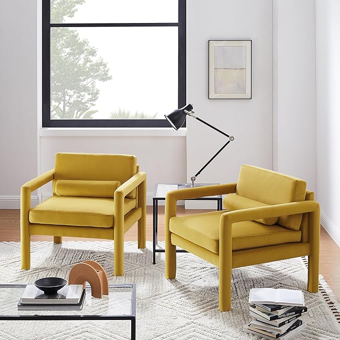 Art Leon Modern Accent Chair, Velvet Upholstered Arm Chair with Pillow, Single Sofa Chair for Living Room Bedroom, Yellow