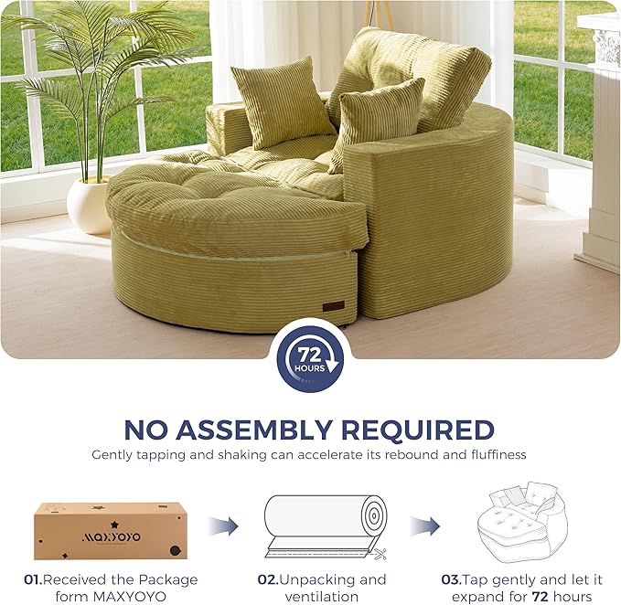 MAXYOYO Oversized Round Chaise Lounge Sofa, Upholstered Lounge Chair with 3 Pillows, Boneless Sofa Couch with Ottoman, Deep Seat Sleeper Chair for Living Room, Bedroom, No Assembly, Green