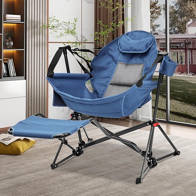 GDY Camping Chairs, Oversized Hammock, Folding Rocking Chairs, Adjustable Back Swing Chairs, Cup Holder, Outdoor Beach Lawn, Blue
