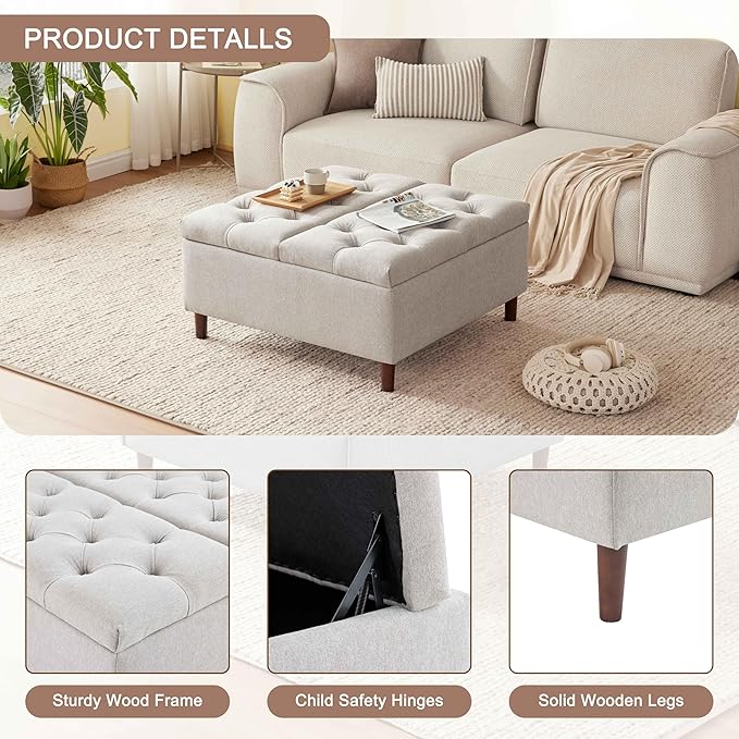 35 Inch Extra Large Storage Ottoman Coffee Table, No Assembly Required, Oversized Square Ottoman with Storage, Tufted Upholstered Ottomans Coffee Table for Living Room (Fabric, Light Grey)