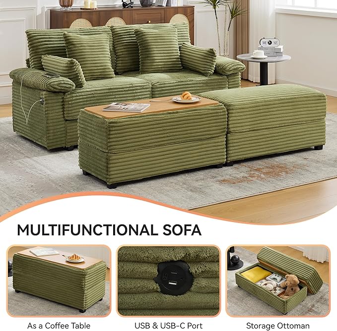 75" Corduroy Loveseat with Storage Ottoman & USB, Cloud Deep Seat Couch with Convertible Ottoman Coffee Table, Double Chaise Lounge for Living Room, Green