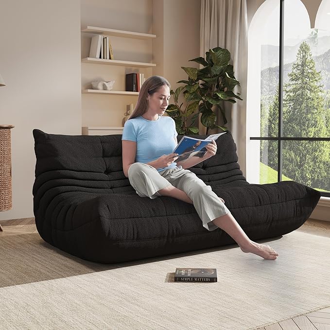 Bean Bag Chair, Oversized Bean Bag Chair for Living Room, Fireside Chair for Adults with Memory Foam Filled, Big Accent Lounge Floor Sofa for Reading, Relax, No Assembly Required. (Black 3-Seater)