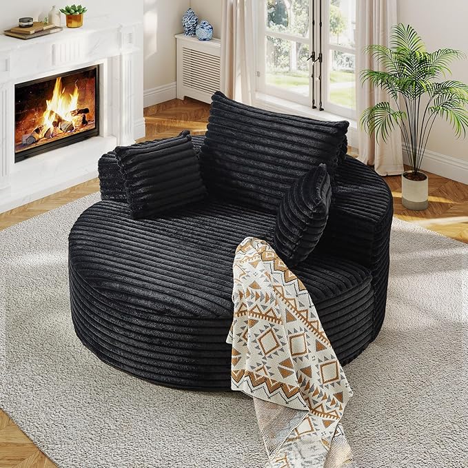 55"W Oversized Round Chair Lounge Chaise Indoor, Upholstered Comfy Circle Sofa Armchair, Modern Cozy Boneless Foam Floor Reading Chair for Living Room, Bedroom, No Assembly Required(Corduroy, Black)
