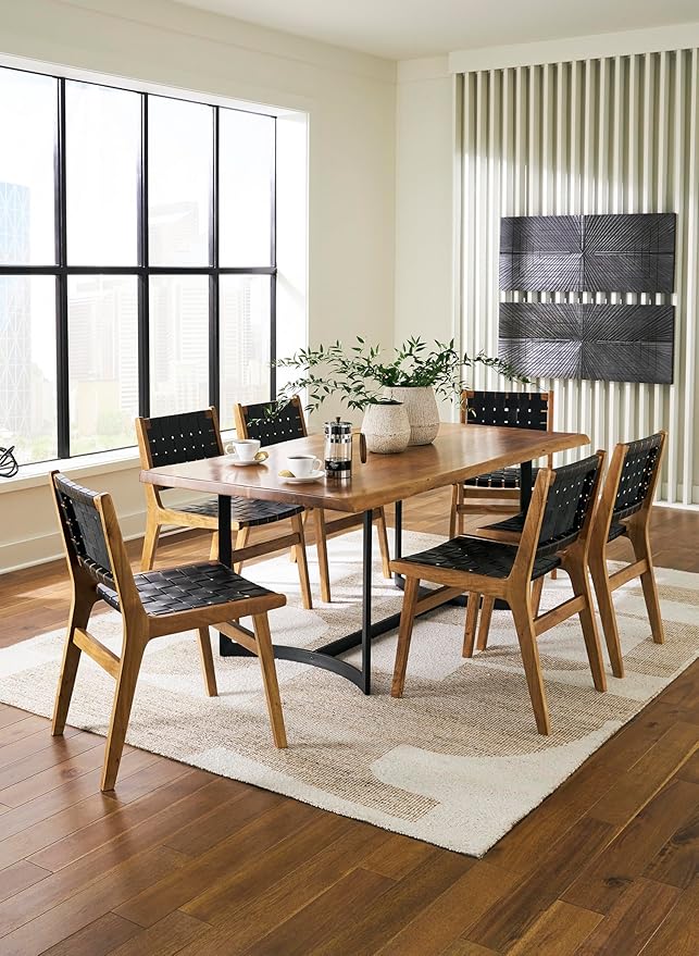 Signature Design by Ashley Fortmaine Modern Upholstered Armless Dining Chair with Open Back and Woven Leather Straps, Set of 2, Light Brown & Black