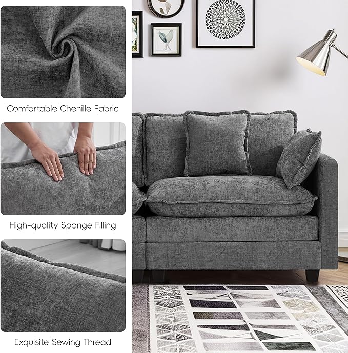 UMBFUN 3-Seater Cloud Couch with Ottoman, Oversized Comfy Modular Sectional L Shaped Sofa with Deep Seats, Chenille Couch for Living Room, Grey