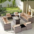 Kullavik 13PCS Outdoor Patio Furniture Set with 43" 55000BTU Gas Propane Fire Pit Table PE Wicker Rattan Sectional Sofa Patio Conversation Sets,Khaki