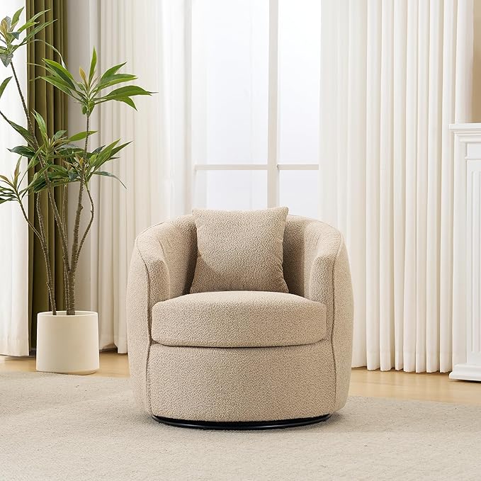 FaFaSoGoodFa Swivel Accent Chair, Modern Upholstered Boucle Barrel Arm Chairs with Pillow for Living Room, 360 Degree Round Swivel Sherpa Armchair with Round Base for Bedroom Club (1, Light Brown)