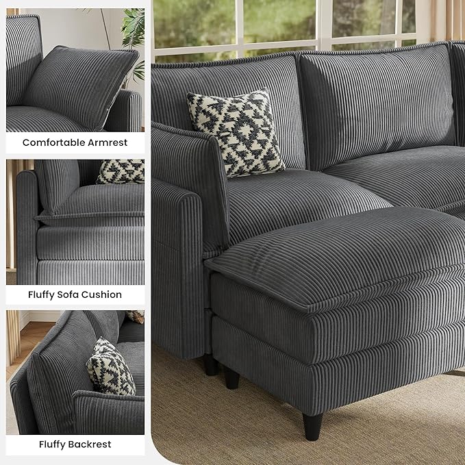 Apicizon 143" Cloud Couch Sectional, 4-Seat Deep Sofa Couch with Ottoman, Modern U Shape Sectional Cloud Sofa Corduroy for Living Room, Apartment, Office, Grey