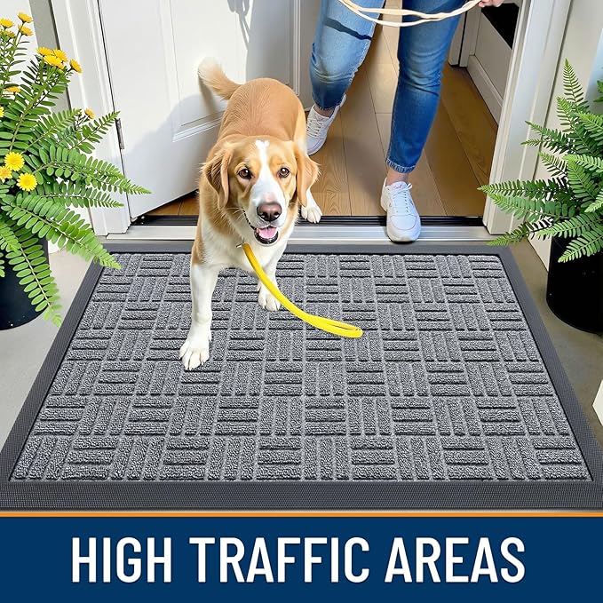 OLANLY Front Door Mat Outside Entrance 47x17, Absorbent, Heavy Duty Sturdy Natural Rubber Doormat Indoor Outdoor, Non-Slip, Stain and Fade Resistant, Low Profile Floor Mat for Entryway, Charcoal Gray