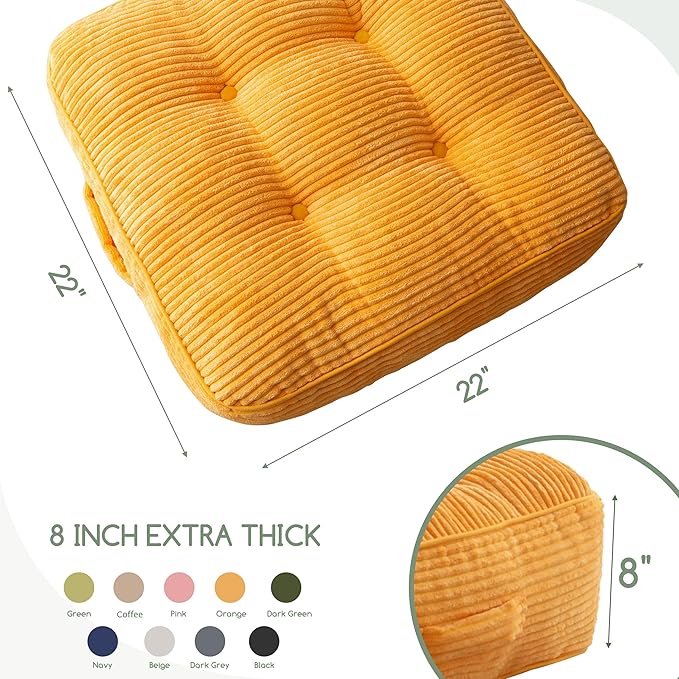 8" Washable Floor Pillow Cushion for Adults, Meditation Cushion Pillow, Large Square Floor Sitting, Removable Tufted Corduroy Cover, for Tatami Living Room or Yoga, 22x22 Inch, Machine Washable