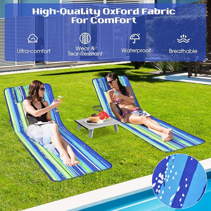 Tangkula 3-Piece Beach Chairs Set for Adults, Lightweight Lawn Lounge Chairs with 5 Adjustable Recline Positions, Zipper Pocket, Backpack 2 Pack with Folding Side Table (Stripe)