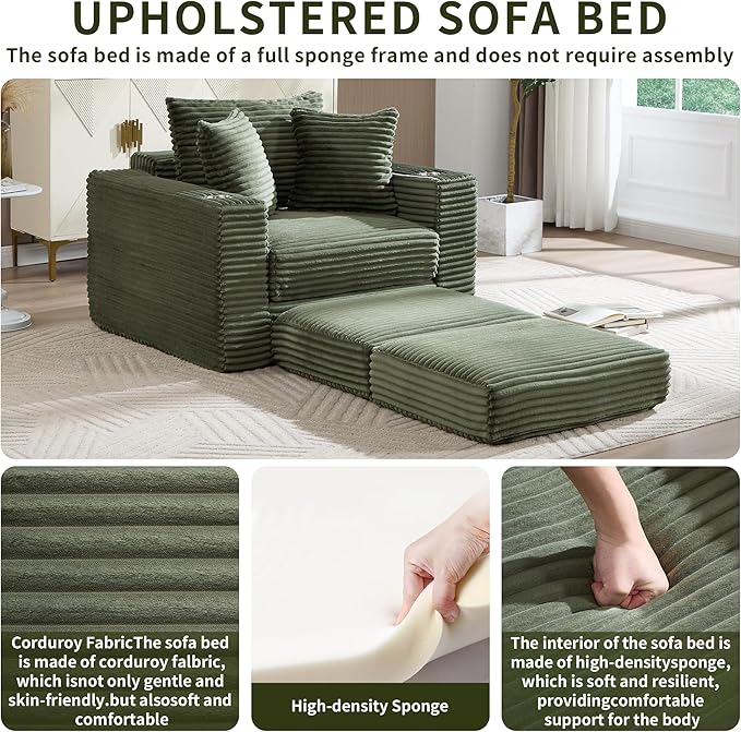Boneless Chaise Lounge Chair Indoor, All-Foam Convertible Lounge Chair with No Frame, Wide Reclining Floor Lounger for Reading, Napping & Relaxation, No Assembly Needed (Green)