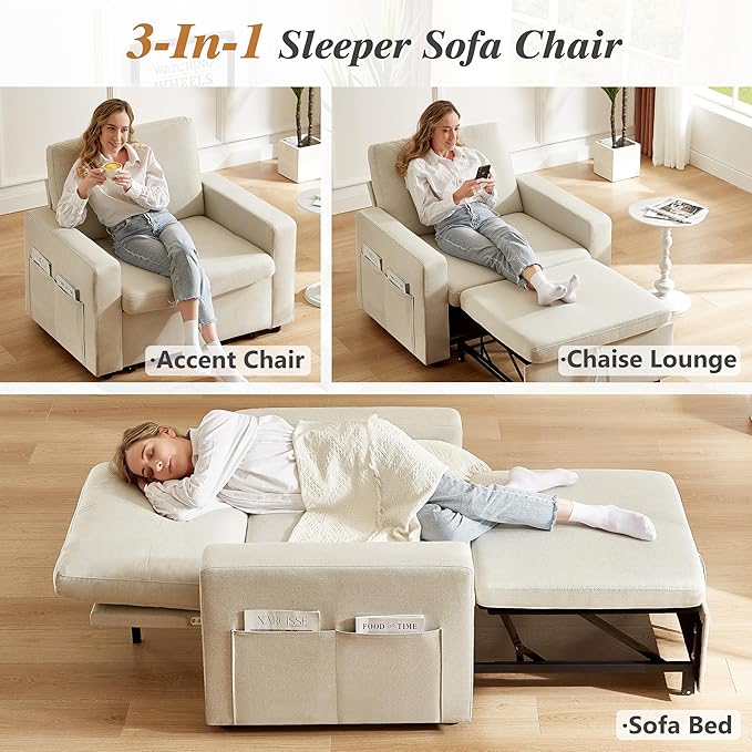 WEUP 42.5" Sleeper Chair Bed, 3-in-1 Oversized Convertible Sleeper Sofa Chair with Pull Out Bed, Reclining Adjustable Backrest/Side Pockets, Tool-Free Assembly, Basic Beige