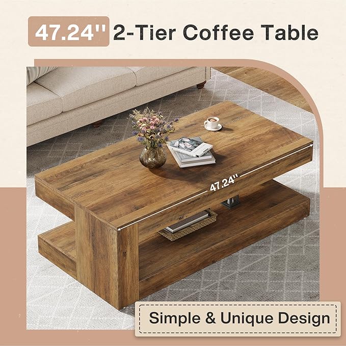 Tribesigns Coffee Table for Living Room, 47.24 Inch Farmhouse 2-Tier Accent Center Tea Cocktail Table with Storage, Brown, Rectangle