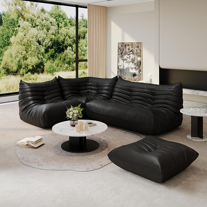 Bean Bag Chair Fireside Chair Lazy Floor Sofa, Faux Leather Giant Corner Bean Bag Sofa, High-Resilience Memory Foam Armless Foam Lounger Tatami Recliner Couch for Living Room Bedroom Dorm Office