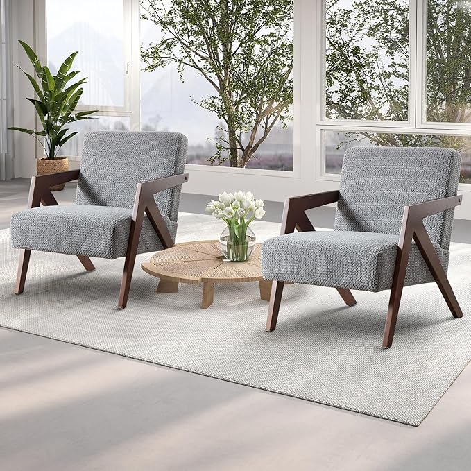INZOY Mid Century Modern Accent Chair with Wood Frame, Upholstered Reading Armchair with Soft Linen Fabric, Accent Chair for Living Room Bedroom Apartment, Easy Assembly, Blue