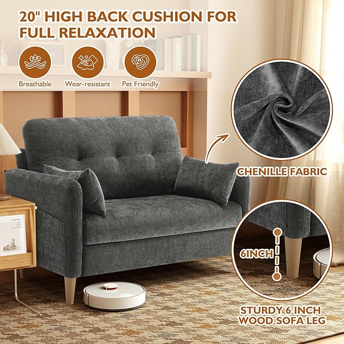 47" Small Sofa Couch for Bedroom, Soft Chenille loveseat Mini Couch with Throw Pillow and Removable Cushion Cover for Small Spaces, Living Room, Apartment, Dorm, Office(Dark Grey)