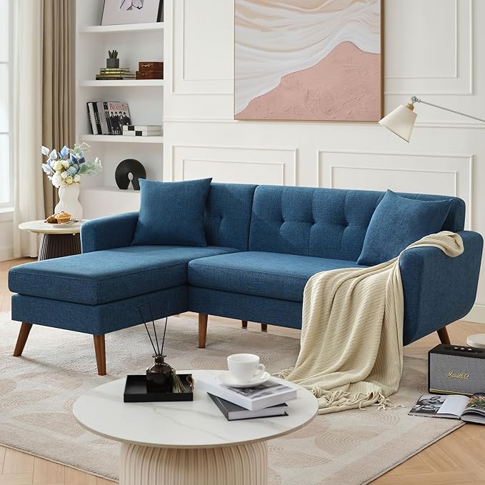 Tbfit L Shaped Couch Sofa, 80" W Mid-Century Modern Sectional Couches, 3 Seater Sofas with Wide Chaise Lounge, Button Tufted Upholstered Sectional Sofa for Living Room, Bedroom, Blue | linen fabric, button tufted, solid wood foot, pocket spring, wood s...