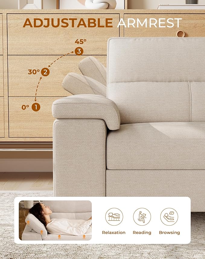 Upvilla 88.97" Modern Couches for Living Room, Deep Seat Sofa with 8”Cushion, Comfy 2-Seater Chenille Loveseat Sofa with Convertible Armrest, Removable Sofa Cover, High Leg (Beige)