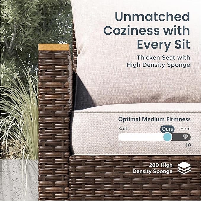 PHI VILLA 7-Piece Half Moon Patio Furniture Set with 56" Fire Pit Table, Outdoor Wicker Sectional Sofa with Thick Beige Cushions, Large Curved Conversation Seating for Garden or Backyard