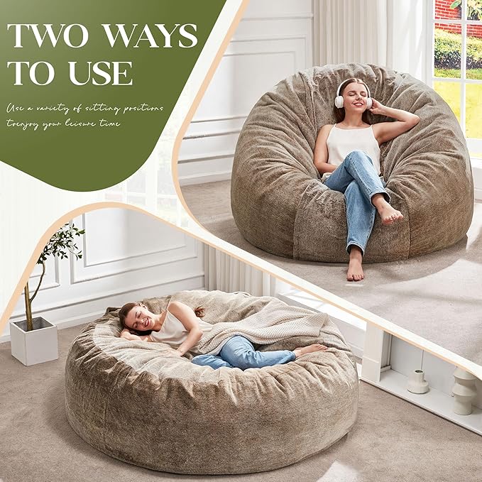 Hobestluk Bean Bag Chairs Giant Beanbag Chair with Filler, Memory Foam Bean Bags with Fluffy & Machine Washable Cover, Bean Bag Chairs for Aduts for Living Room, Bedroom (BROWN, 6FT - 70" x 70" x 15")