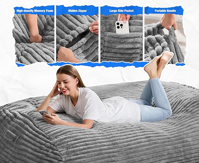 Hobestluk 6FT Bean Bag Chairs Adult Bean Bag with Portable Handle Comfy Large Bean Bag Lounge Chair with Removable Cover for Living Room Bedroom (Stripe Grey, 6FT)
