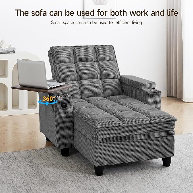 41.7" Oversized Chaise Lounge Chair Indoor, Boucle Upholstered Sofa Bed with Adjustable Backrest, Deep Seat Reading Chair, Sofas Couches for Living Room, Storage, Cup Holders & 360° Swivel Side Table